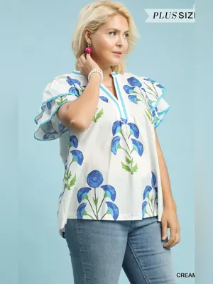 New! Umgee Plus Cotton Cream Floral Popover Top with Blue Accents Size 2X thumbnail 4