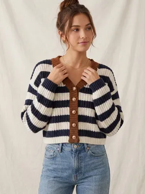 Altar’d State Cropped Striped V-Neck Button Cardigan - Navy, Cream & Brown thumbnail 1