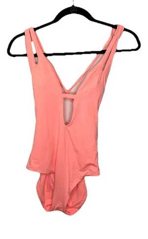 Becca Pink Cut Out Stretch V Neck One-Piece Swimsuit Swimwear Size Large New NWT thumbnail 1