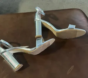 Sandals Room of Fashion Silver Block Heel Ankle-Strap size 11 Preowned CLEAN! thumbnail 1