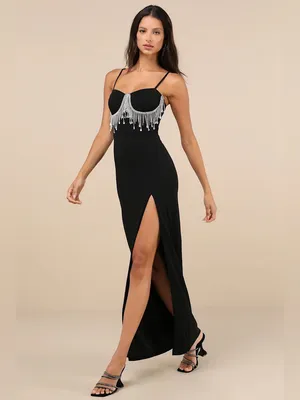 Lulus Divine Extravagance Black Rhinestone Fringe Bustier Maxi Dress Black NEW M thumbnail 2