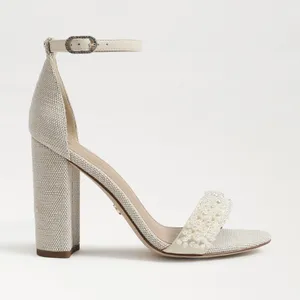 NEW Sam Edelman Sz‎ 8Yaro Perla Open Toe Silk Tweed 4” Dazzling Heels Tan thumbnail 2