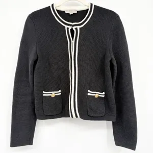 J.Crew Womens Emilie Black Ivory Tipping Preppy Knit Sweater Lady Jacket S BX470 thumbnail 2