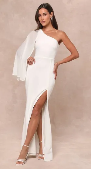 NWT Lulus Majestic Attitude White Cape Sleeve One-Shoulder Maxi Dress Wedding S thumbnail 1