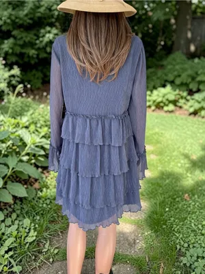 Lulus NWT Dusty Blue Tiered Chiffon Mini Dress Sheer Bell Sleeve M thumbnail 6