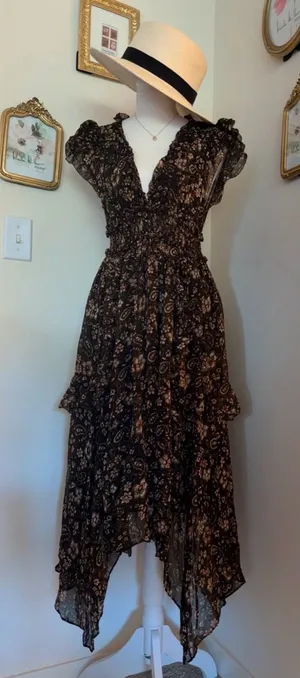 Ulla Johnson Black Floral Asymmetrical Midi Dress 100% Silk thumbnail 1