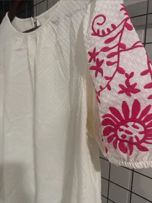 Women's White Blouse with Pink Embroidered Puff Sleeves thumbnail 2