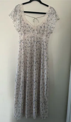 White Blue Ditsy Floral Cottagecore Babydoll Lace Midi Dress XL Romantic Dainty thumbnail 1