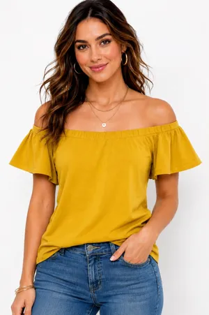 Maeve by Anthropologie Mustard Yellow Flutter Sleeve Top thumbnail 1
