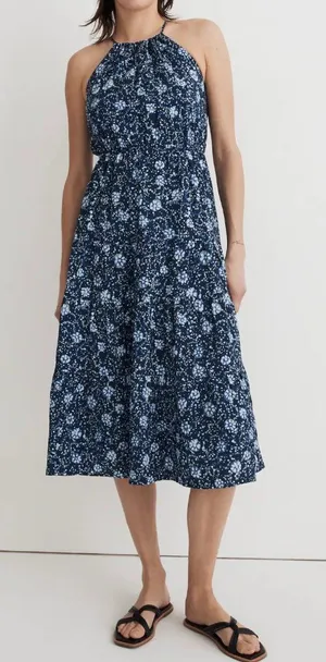 Madewell Cross-Back Halter Midi Dress in Vineyard Medallion Navy Blue thumbnail 1