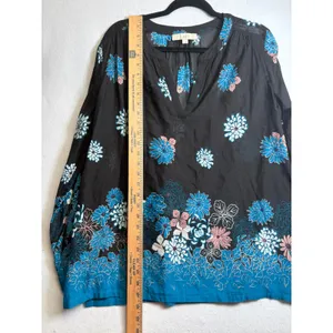Loft Floral Border Print Split Neck Blouse Black Blue Boho Top Medium thumbnail 10
