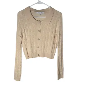 SWEET RAIN Womens Beige Cable Knit Collared Cropped Cardigan‎ Sweater Size L thumbnail 2
