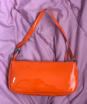 Y2K 2000s style Orange patent faux leather shoulder baguette hand bag purse preppy office siren vixen #streetwear #gorpcore #gothic #whimsi #festival Measurement in pics thumbnail 1