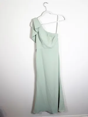 NWT Azazie Rinna Dusty Sage Green Mermaid One Shoulder Stretch Crepe Maxi Dress thumbnail 3