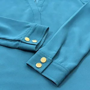 Trina Turk Blouse Women SM Teal Blue Split Neck Gold Button‎ Cuff Crepe Tunic thumbnail 6