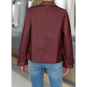 Womens Faux Leather Motorcycle Jacket Textured Oversized Moto Dark Red L thumbnail 2
