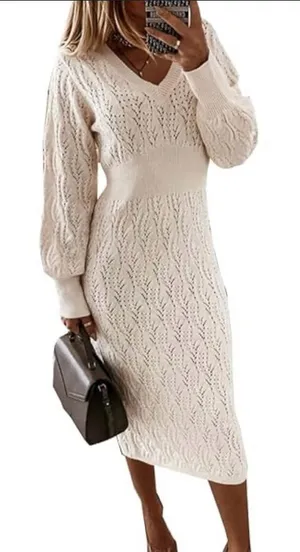 Chic Ivory Knit Long Sleeve Dress thumbnail 1