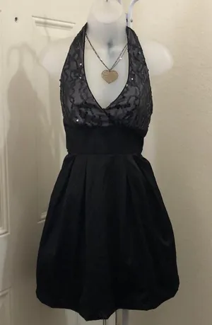 90s/2000s Y2K Vintage halter sequin lace mesh formal mini fit flare v-neck corset waist dress #gothic #whimsygoth #sleeveless #strapless #prom Made in USA thumbnail 6