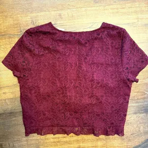 American Eagle Outfitters Maroon Lace Ruched Tie Front Ruffled Hem Crop Top thumbnail 2