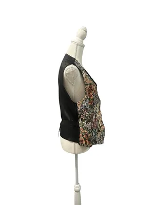Cabin Creek Colorful Floral Botanical Tapestry Vest Medium Black Back w/Tie thumbnail 3