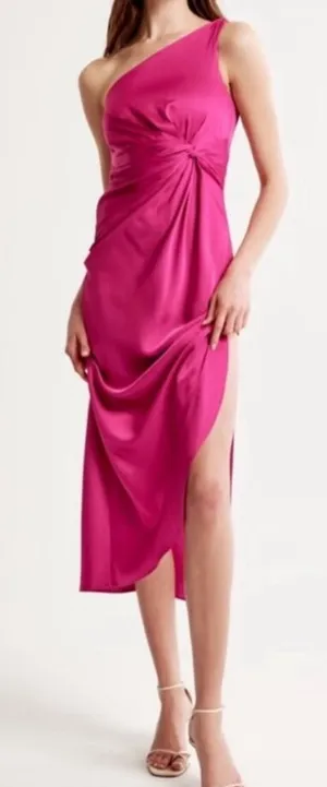 Abercrombie & Fitch Satin One Shoulder Knotted Midi Dress Fuchsia XS NEW $130 thumbnail 1