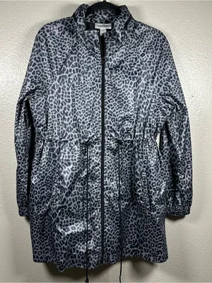 Motherhood Maternity Gray Leopard Print Raincoat with Drawcord Waist SZ:L thumbnail 1