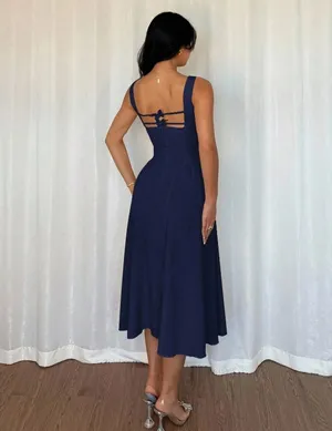Navy Blue Square Neck Halter Cross-Back Dress thumbnail 4