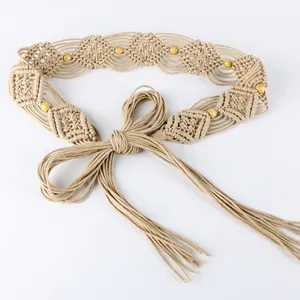 NWT Macrame Boho Woven Rattan Straw Rope Braid Waist Belt Khaki Tan thumbnail 1