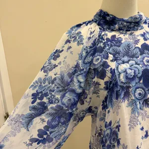 Maeve Anthropologie Blue White Floral‎ Sheer Tunic Blouse High Neck Tie Back L thumbnail 8