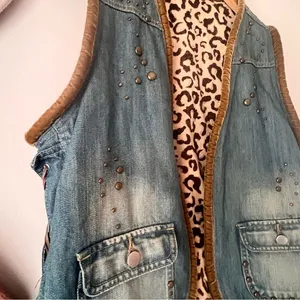 VINTAGE denim leopard lined vest beading studded reworked SIZE LARGE Coachella‎ thumbnail 4