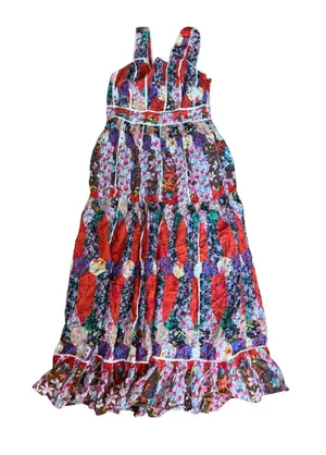 Anthropologie Patchwork Floral Tiered Maxi Dress Red Purple Size 6 Boho Ruffle thumbnail 1