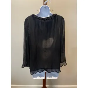 Loft Black Pleated Chiffon Long Sleeve Sheer Sleeve Ruffle Neck Blouse Size M thumbnail 3