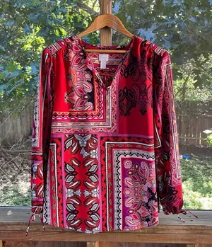 Chico's Women's Red Printed Tie Sleeve Blouse Size 2 (U.S. L) thumbnail 1