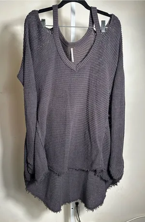 P397. Free People Cold Shoulder Waffle Knit V-Neck Long Sleeve Top in Charcoal thumbnail 1