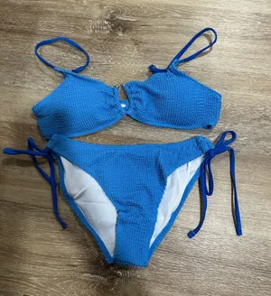 Blue Textured Tie-Side Bikini Set - Women Swim thumbnail 1