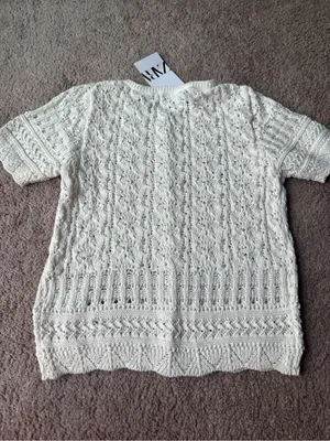 ZARA White Crochet Knit Button Up Short Sleeve Sweater Small thumbnail 2