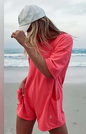 Free People FP Movement Hot Shot Tee Romper Electric Sunset Neon Pink XS NWT thumbnail 1