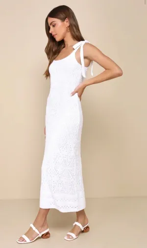 Lulus White Crochet Midi Dress thumbnail 1