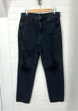 American Eagle Black Distressed Denim Mom Jeans Size 10 thumbnail 1