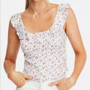 Free People Floral Smocked Ruffle Trim Tank Top Womens Medium WhiteCombo Cottage thumbnail 4