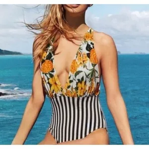 Cupshe Floral Striped One‎ Piece Halter Swimsuit NWT Yellow White Black MEDIUM thumbnail 1