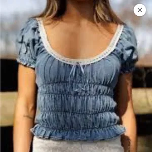 Klesis Light Blue Smocked Denim Crop Top with‎ Lace Trim size small thumbnail 1