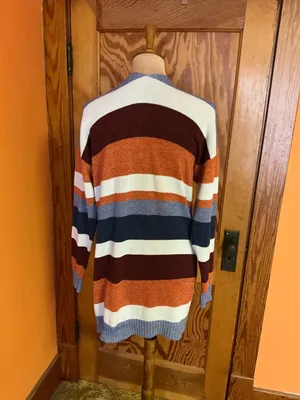 Boho Striped Long Cardigan Duster Cozy Fall Layer Rust Blue XL ECOWISH thumbnail 13