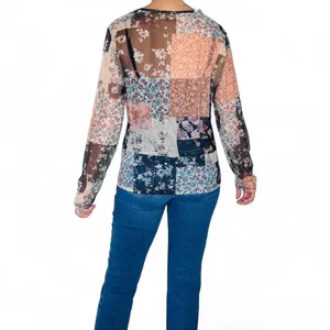 Colorful Floral Patchwork Boho Sheer Long Sleeve Shirt thumbnail 7