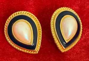 Vintage Monet Gold Tone Black Enamel Faux Pearl Teardrop Pierced Earrings thumbnail 1
