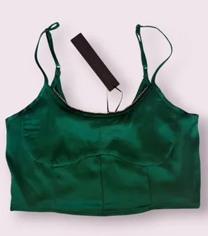 House of Harlow 1960 Emerald Green Satin Rhinestone Trim Crop Top Size Medium thumbnail 1