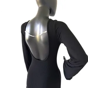 Backless Long Maxi Dress Open Back Ribbed Dress Long Flare Sleeve Slim Fit thumbnail 7