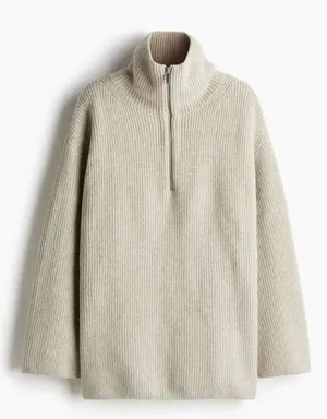 H&M light weight beige melange wool blend ribbed quarter zip sweater small thumbnail 1