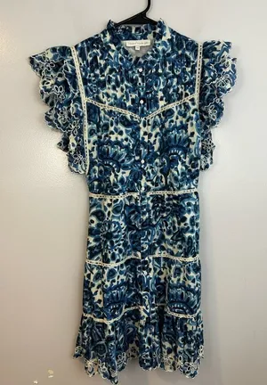 House of Harlow Melba Blue Floral Ruffle Button Front Sleeveless Mini Dress XS thumbnail 1