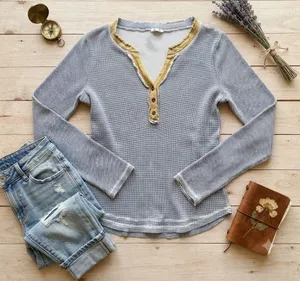 Hem & Thread Womens‎ Blue Waffle Knit Henley Thermal Long Sleeve Mustard Trim M thumbnail 1